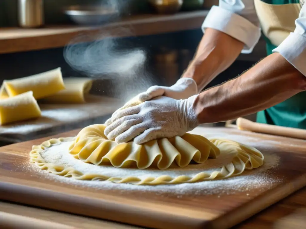 Clase magistral de pasta fresca en Bolonia: manos expertas moldeando masa en cocina tradicional italiana