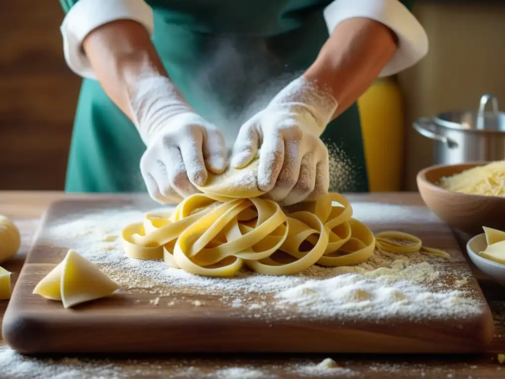 Clase magistral pasta fresca italiana: Hábil chef italiano amasando pasta fresca en detallada toma de manos cubiertas de harina