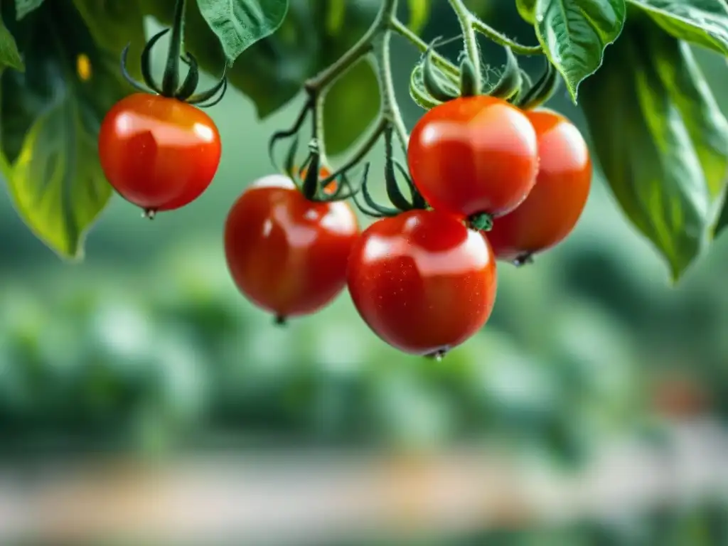 Cluster de tomates San Marzano maduros brillando bajo el sol italiano, listos para la salsa de tomate San Marzano