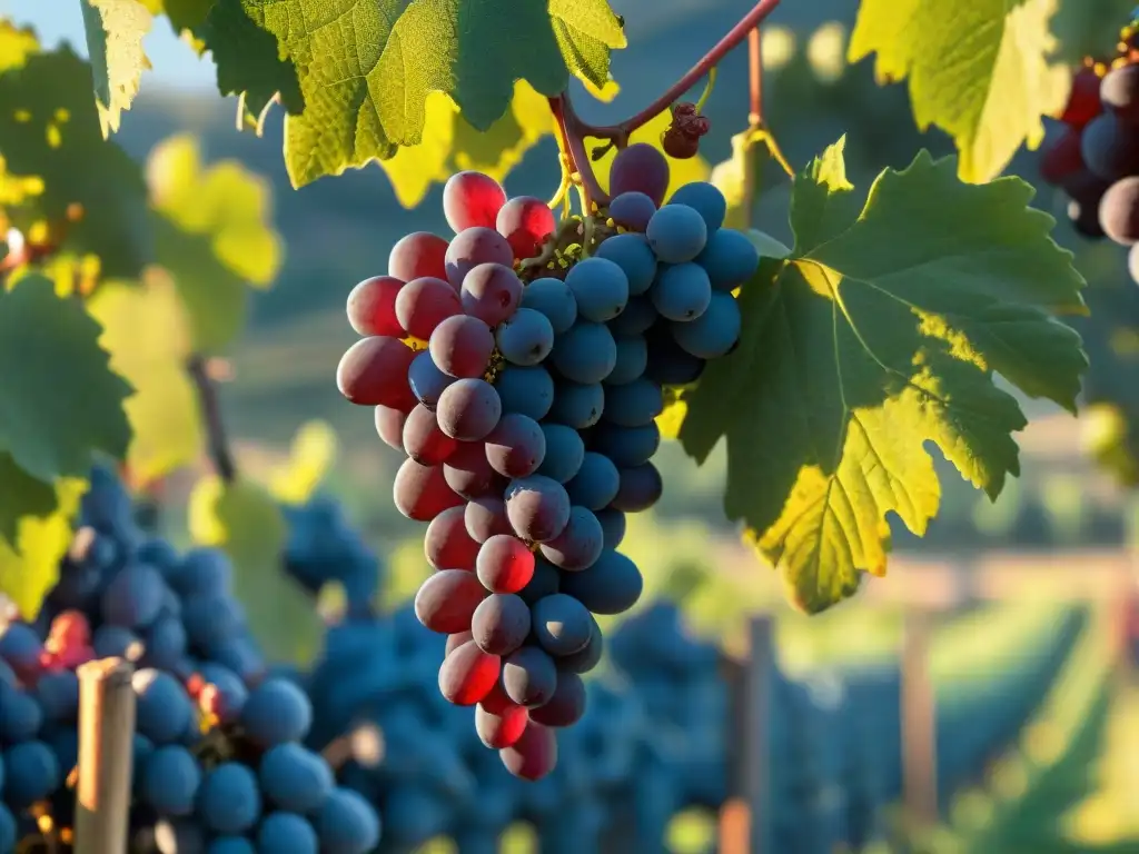 Cluster de uvas rojas en viñedo soleado, con gotas de rocío y cuidado en los detalles