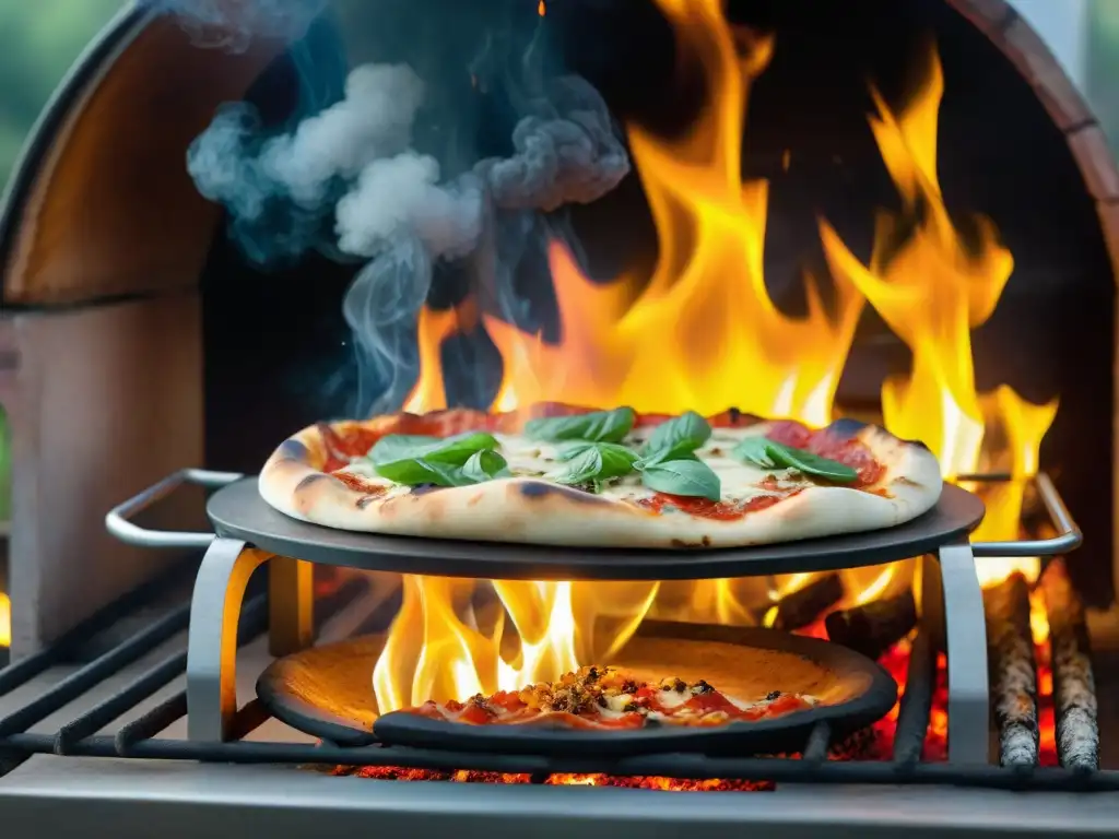 Cocción de pizza en brasas al aire libre, con ambiente rústico italiano y chefs expertos