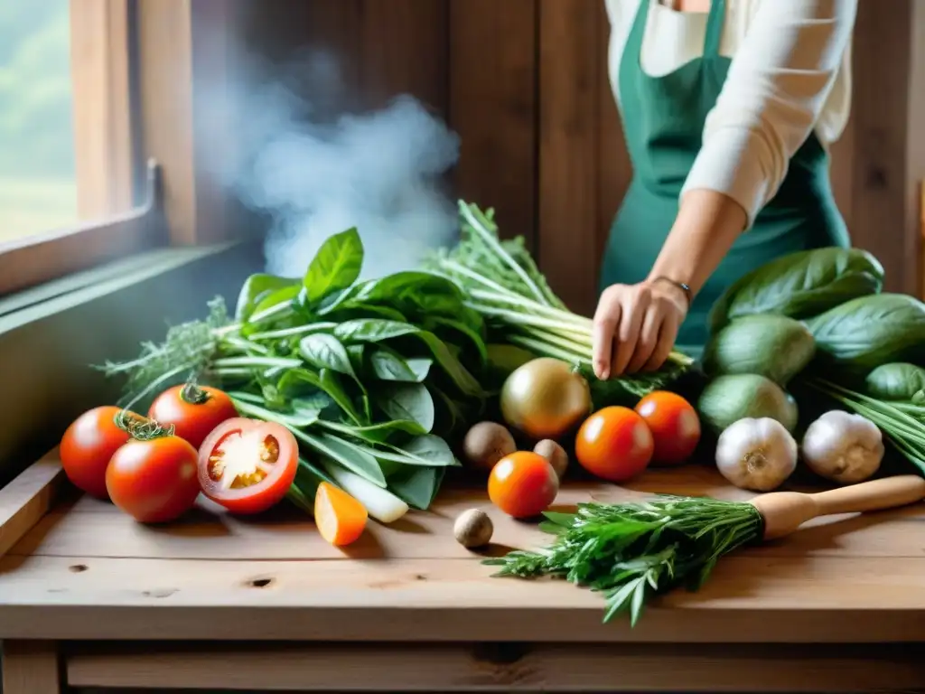 En una cocina acogedora, se prepara la receta tradicional de la Sopa italiana Minestrone con ingredientes frescos y coloridos