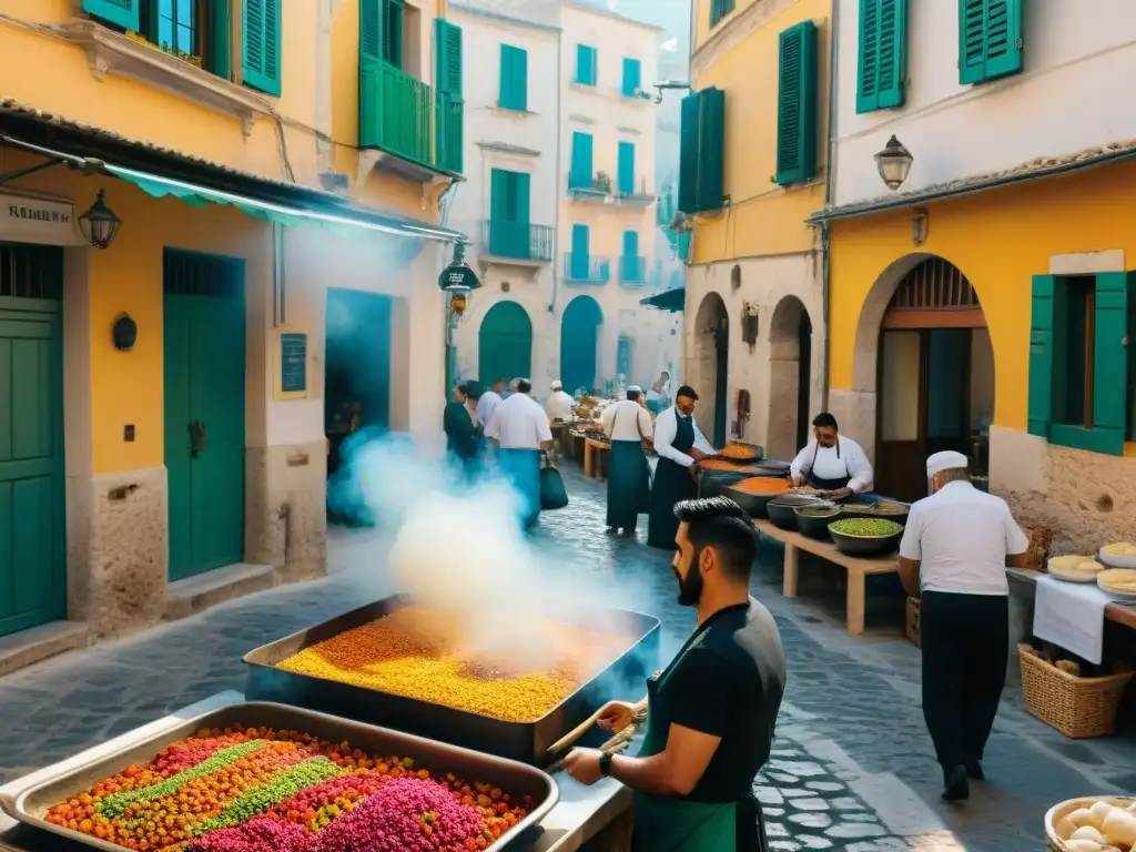 Cocina al aire libre en Apulia, Italia, Ceci e Tria receta tradicional, chefs locales preparando plato típico