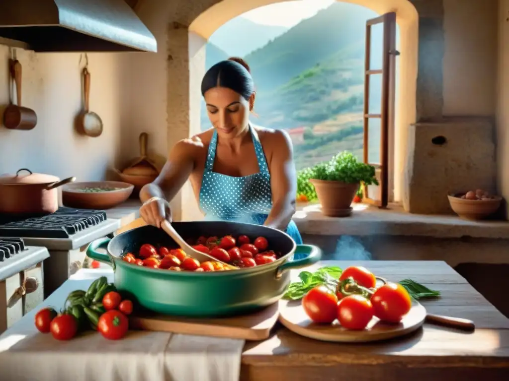 Una cocina calabresa tradicional con una mesa de madera llena de productos locales vibrantes y una nonna cocinando salsa roja