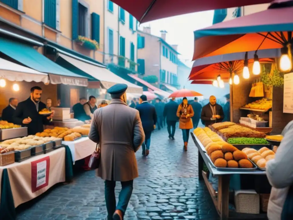 Cocina callejera italiana tendencias en bullicioso mercado con sabores tradicionales y coloridas sombrillas