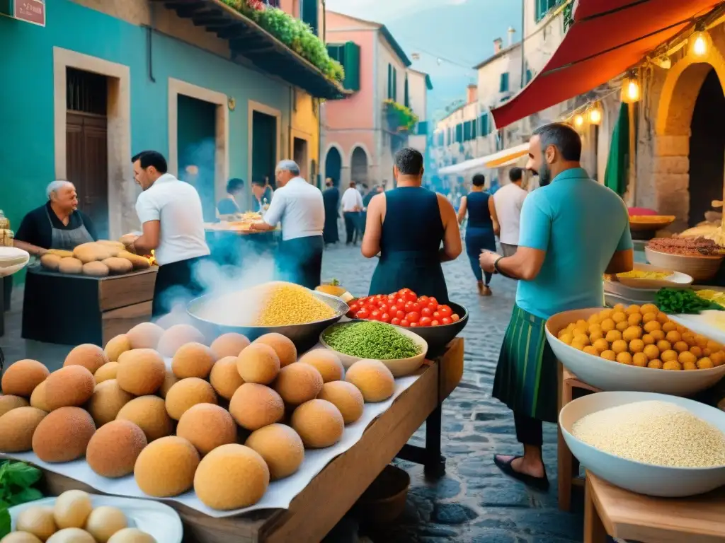 Cocina callejera en el sur de Italia: un bullicioso mercado con puestos de comida coloridos y vendedores locales preparando platos auténticos