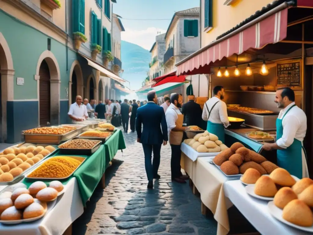 Cocina callejera en el sur de Italia: puestos coloridos de comida tradicional con arancini, calzone y cannoli