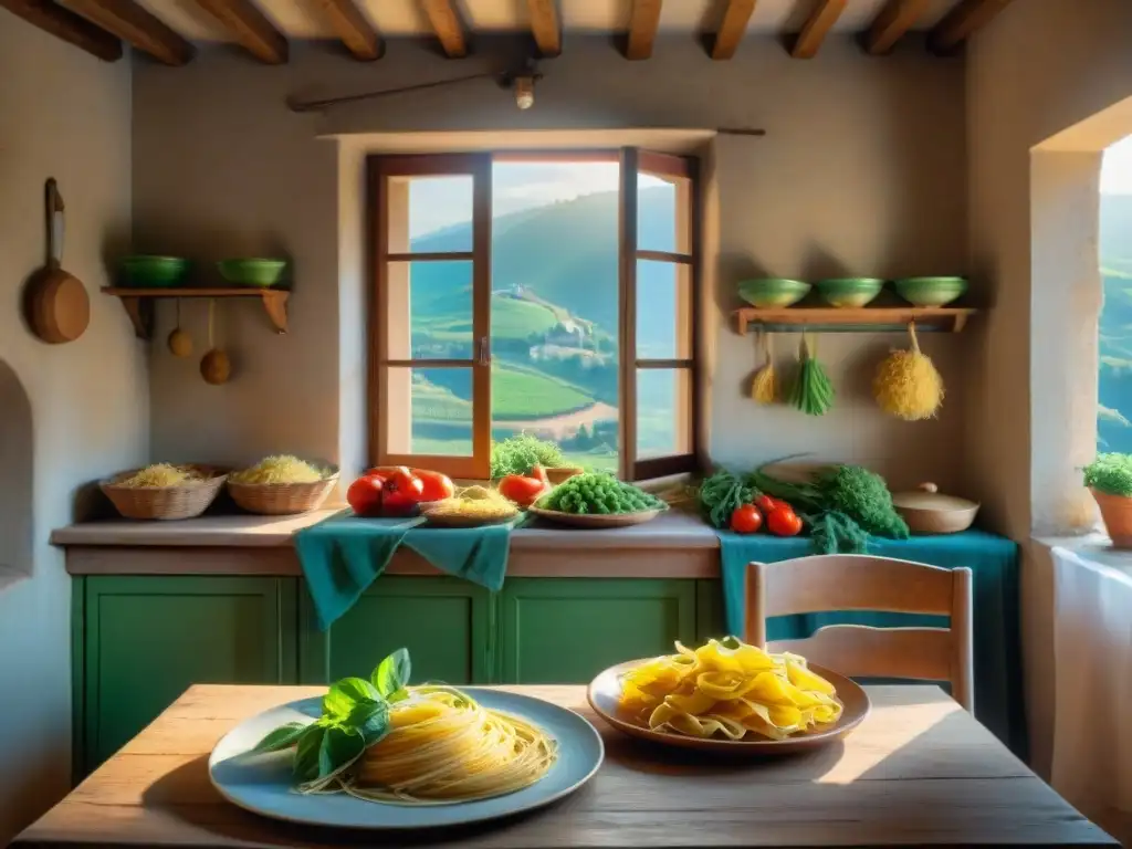 Cocina campesina en el centro de Italia: ancianos agricultores riendo, pasta casera y verduras recién cosechadas en una acogedora cocina rural