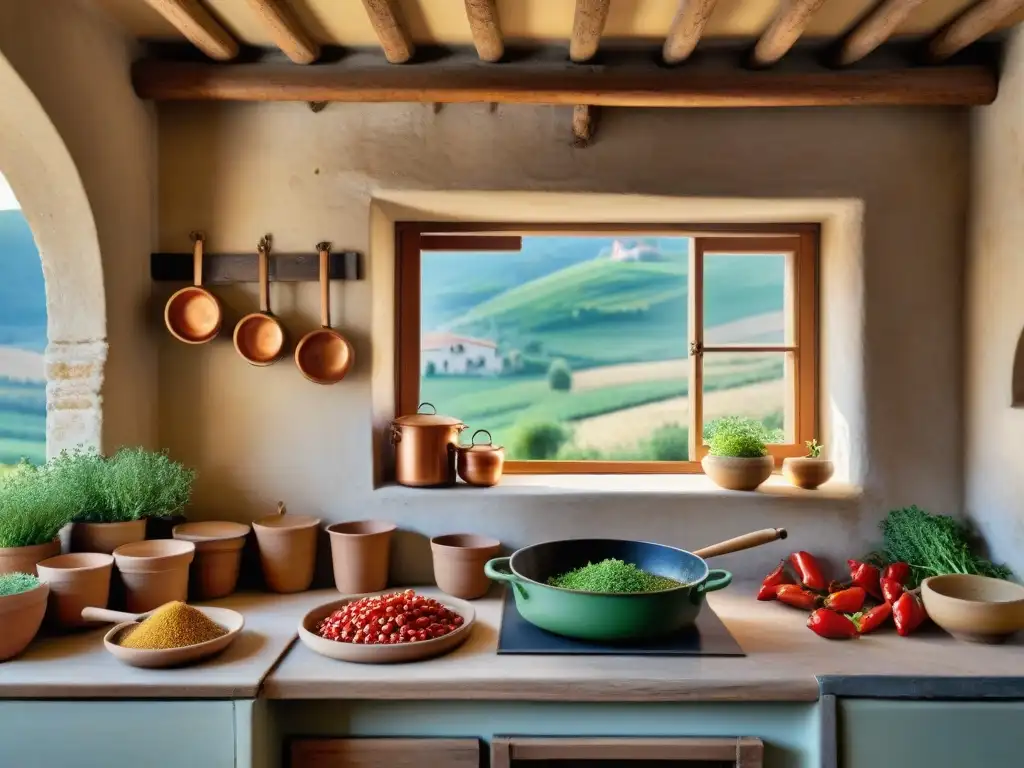 Cocina campesina en el corazón de Italia central: utensilios tradicionales, hierbas frescas secándose y olla burbujeante en estufa vintage