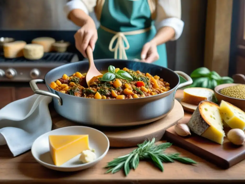 Una cocina campesina italiana llena de platos rústicos y tradicionales, con una nonna cocinando en un ambiente acogedor y nostálgico