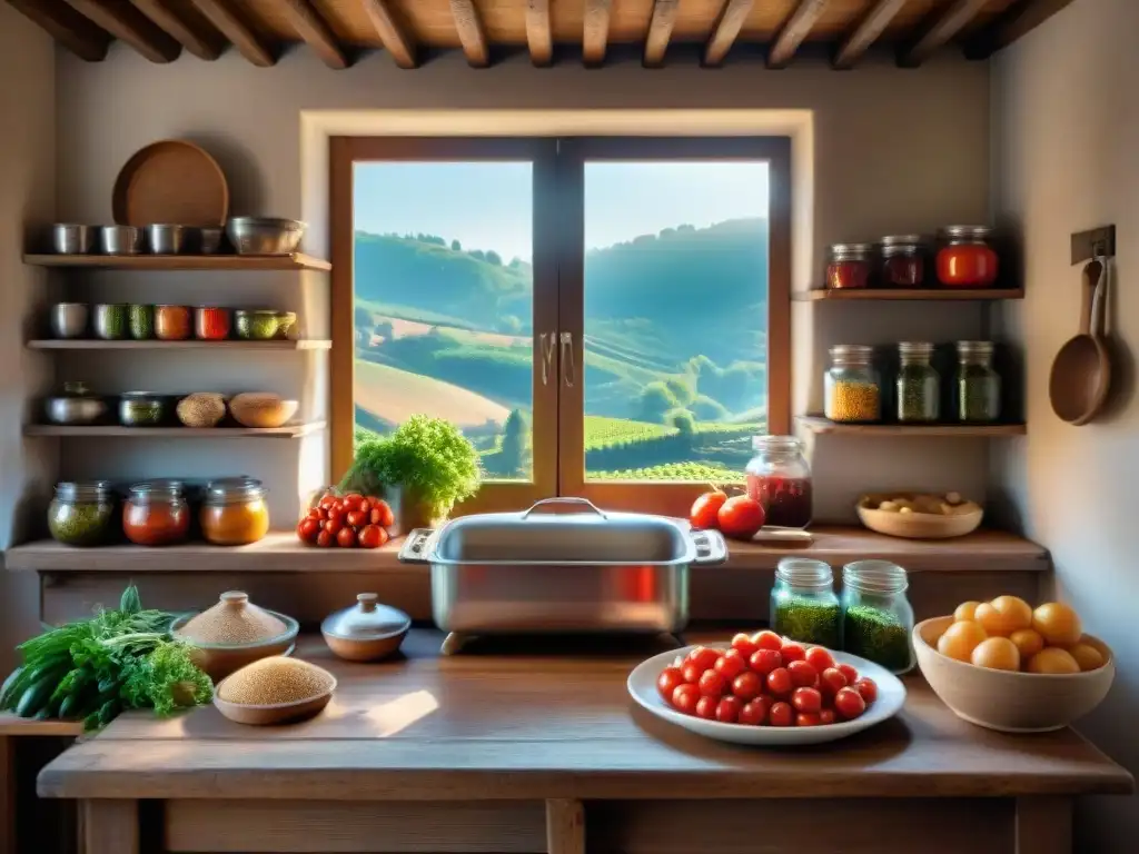 Una cocina campesina italiana llena de vida, con platos rústicos y nonna amasando masa en una mesa de madera desgastada