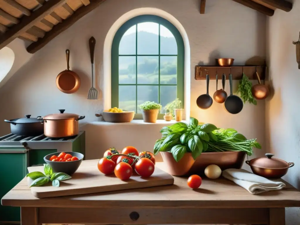 Una cocina campesina italiana con platos rústicos, ingredientes frescos y ambiente acogedor