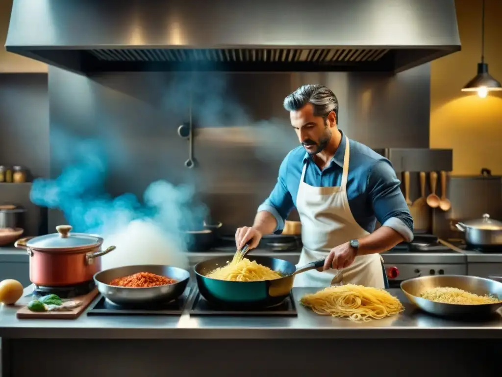 Cocina cinematográfica italiana bulliciosa, con chefs preparando una comida lujosa entre carteles vintage de películas clásicas