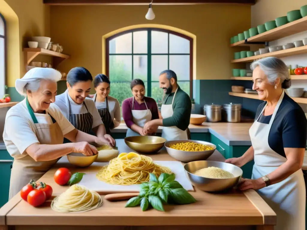 Una cocina comunitaria italiana bulliciosa llena de gente de todas las edades y orígenes alrededor de una gran mesa de madera