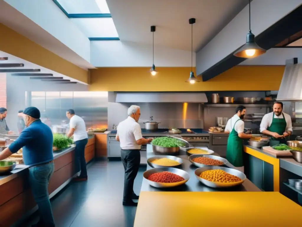 Una cocina comunitaria italiana vibrante y bulliciosa, llena de diversidad, donde se comparten platos tradicionales con alegría