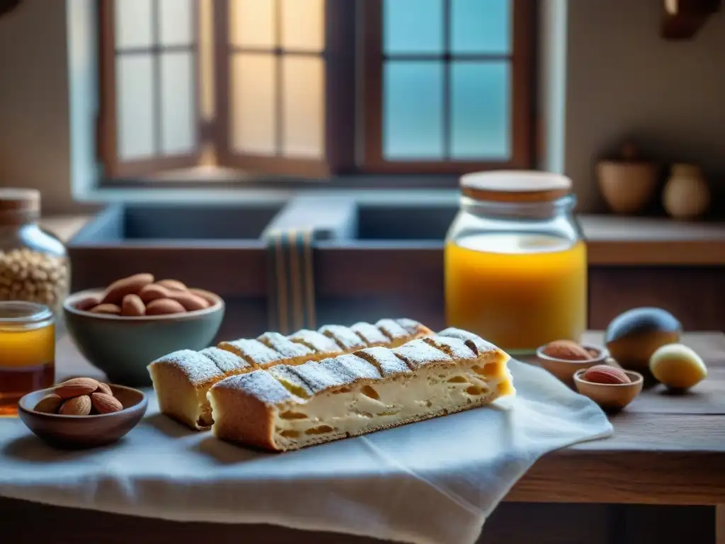 Una cocina familiar italiana decorada con ingredientes para hacer Torrone receta tradicional italiana