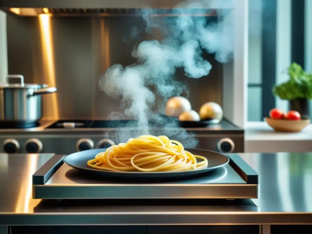 Una cocina futurista donde la alta tecnología se fusiona con la tradición culinaria italiana, destacando la armonía entre innovación y sabor