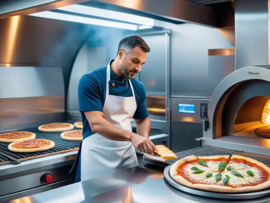 Una cocina futurista donde robots crean pizzas innovadoras con tendencias pizza italiana 2021