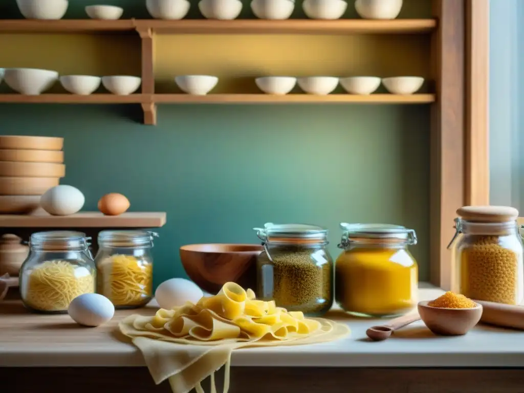 Un rincón de cocina italiana con accesorios para chef aficionado como máquina de pasta y utensilios de madera