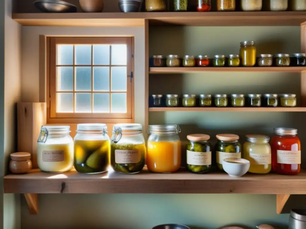 Una cocina italiana con alimentos fermentados: tarros de pickles, chucrut y kimchi en estantes de madera, bajo la luz del sol