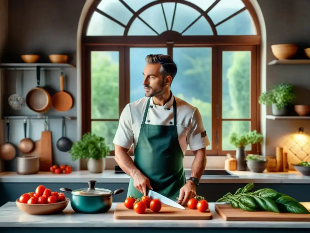 Cocina italiana de alta gama con utensilios de acero inoxidable y mármol, chef cortando tomates con cuchillo artesanal