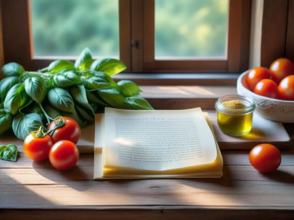 Una cocina italiana de antaño: recetas reinterpretadas con tomates maduros, hojas de albahaca y harina, iluminadas por la cálida luz de la tarde