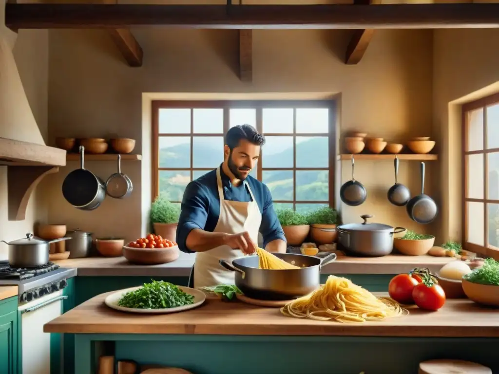 Cocina italiana antigua: chef preparando recetas con tomates, albahaca y ajo