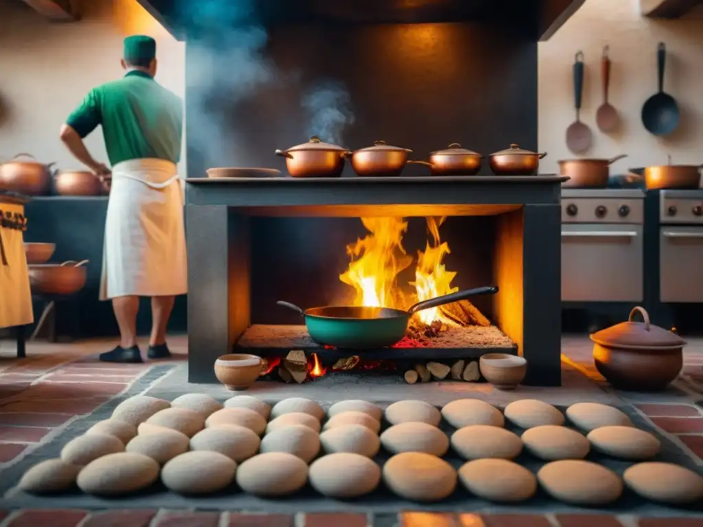 Cocina italiana antigua con mosaicos, chefs preparando pasta y pizza