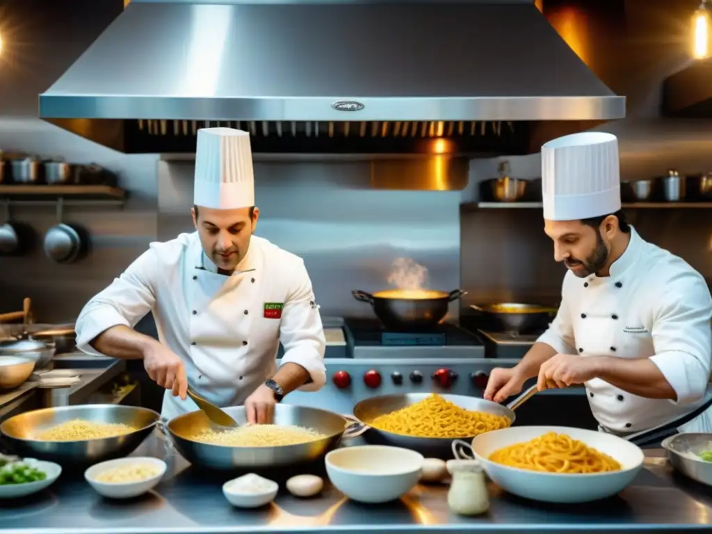 Cocina italiana auténtica: chefs preparando recetas con pasión en una cocina bulliciosa