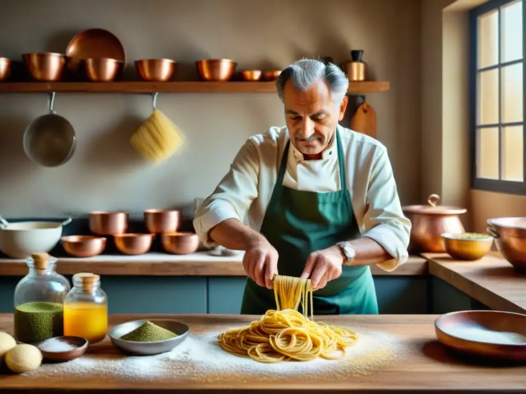 Cocina italiana auténtica y moderna: chef italiano en cocina rústica con utensilios tradicionales y pasta fresca