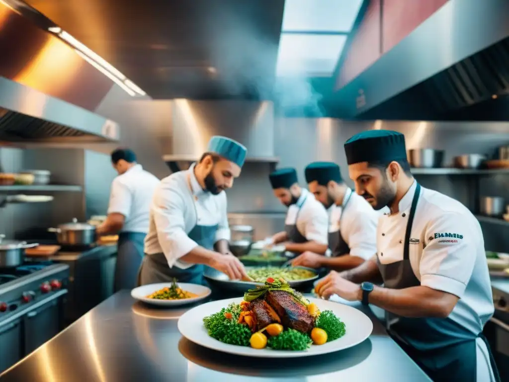 Cocina italiana vibrante: pasión y creatividad culinaria Una cocina italiana bulliciosa durante la cena, chefs preparando platos mediterráneos con colores vibrantes y presentaciones intrincadas