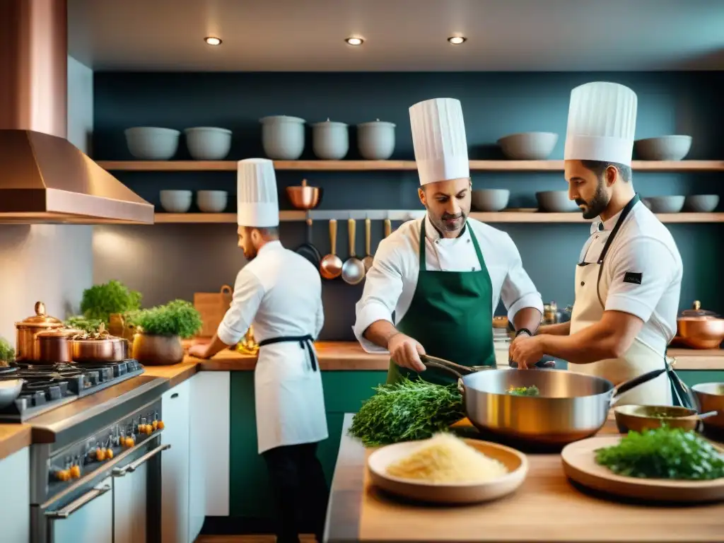 Una cocina italiana bulliciosa con chefs trabajando en armonía, reflejando pasión y precisión