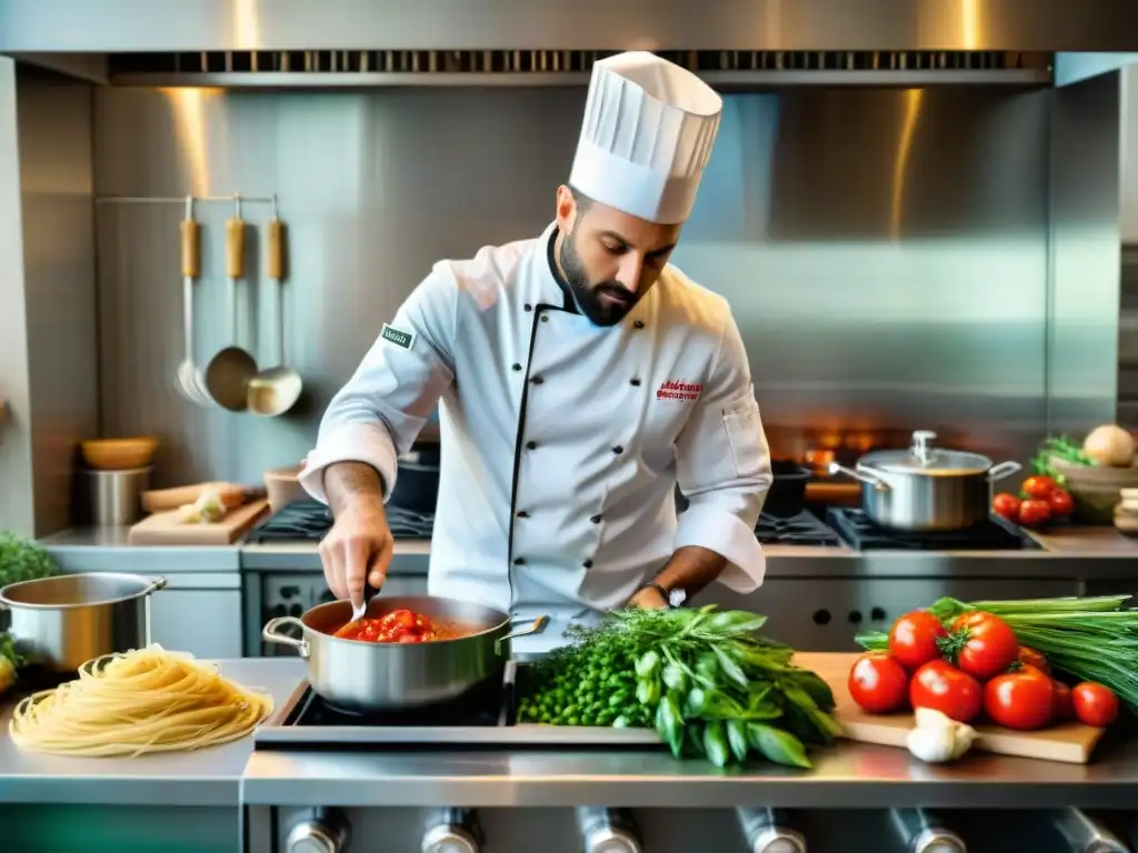 Cocina italiana bulliciosa con chefs en chaquetas blancas, cortando tomates con precisión