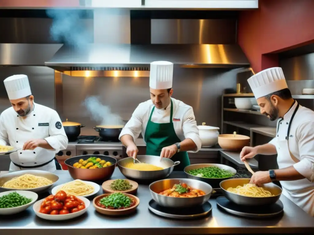 Una cocina italiana bulliciosa con chefs de distintas edades y orígenes, preparando apasionadamente platos auténticos