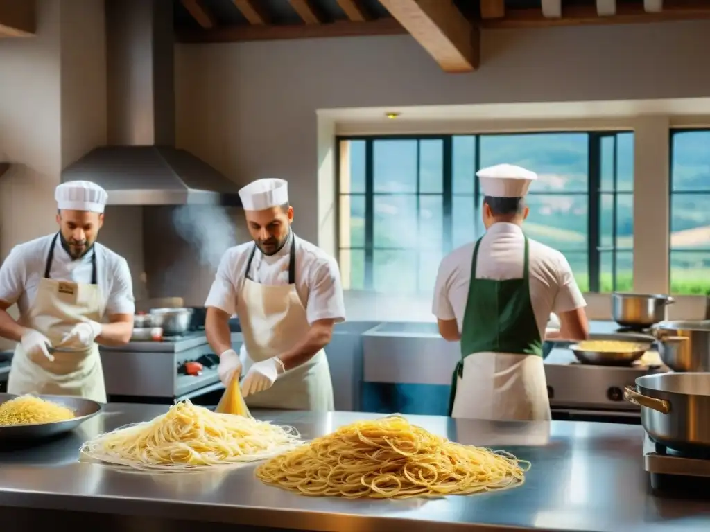 Cocina italiana bulliciosa con chefs preparando platos de pasta fresca, reflejando prácticas sostenibles en restaurantes italianos