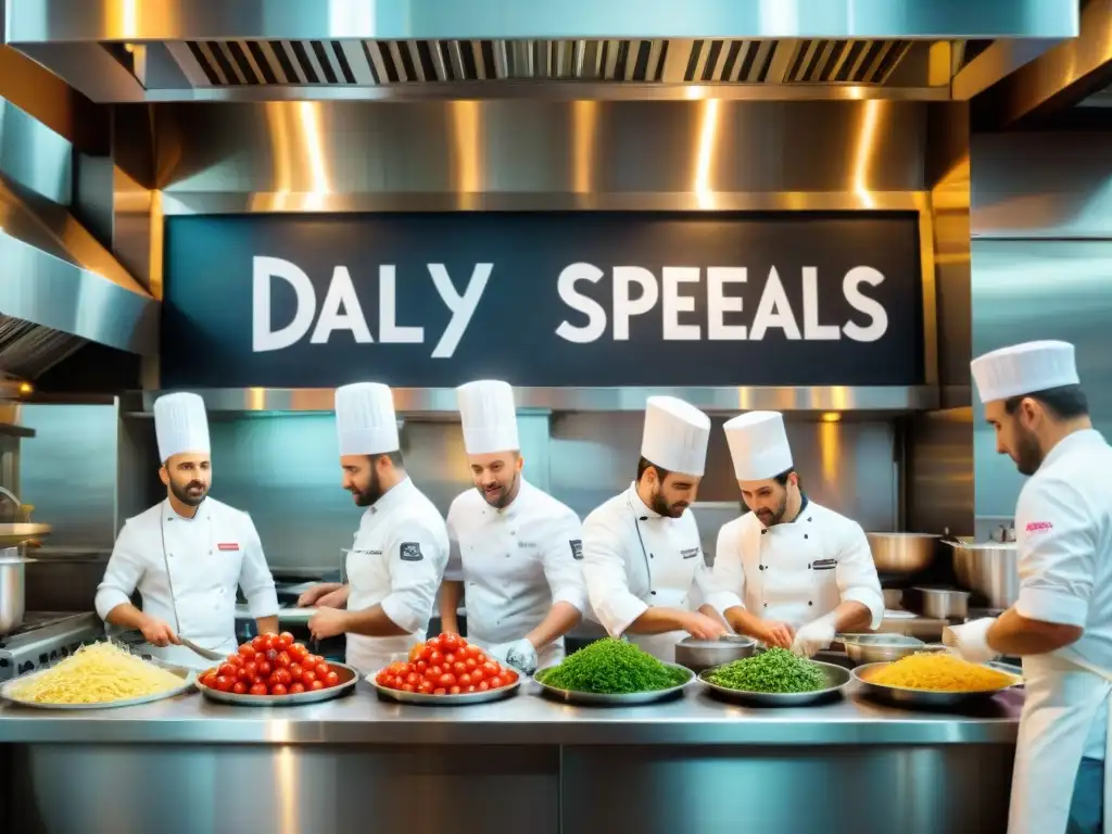 Cocina italiana bulliciosa y colorida, chefs preparan platos con estrategias desperdicio cero en restaurantes italianos