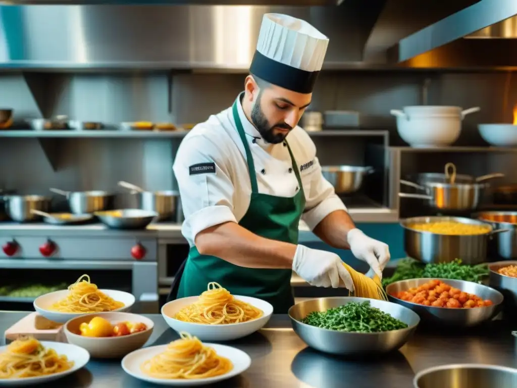 Una cocina italiana bulliciosa con estrategias de desperdicio cero, chefs preparando platos tradicionales con armonía