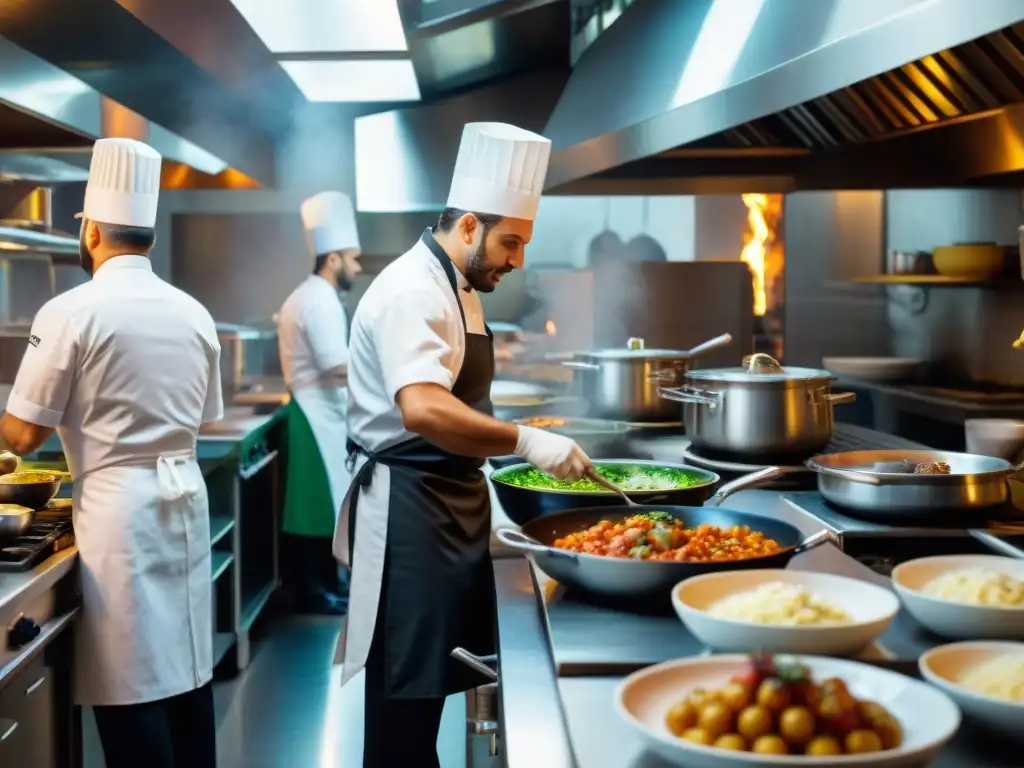 Cocina italiana moderna en pleno servicio: tradición e innovación Cocina italiana bulliciosa con toque moderno: chefs crean platos innovadores