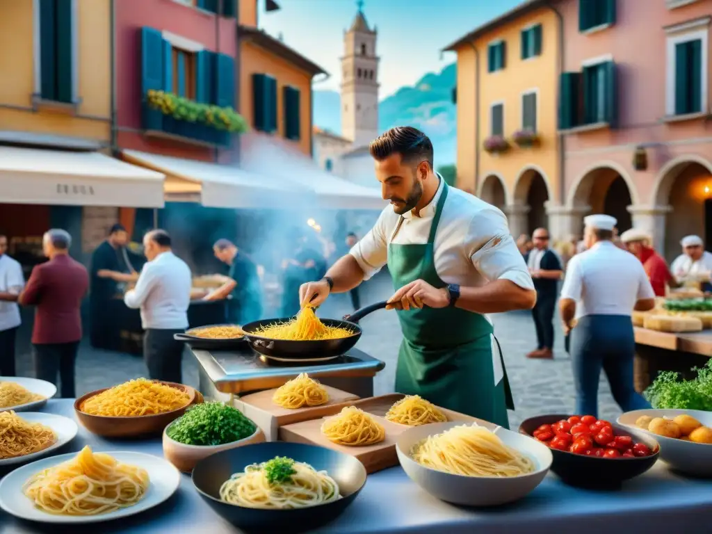 Cocina italiana sin gluten en un bullicioso festival gastronómico al aire libre en Italia, con chefs preparando platillos auténticos