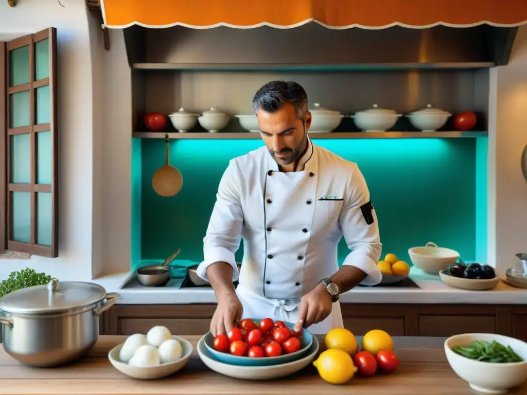 Una cocina italiana en Capri con platos típicos: tomates, albahaca, mozzarella, aceite de oliva y limones