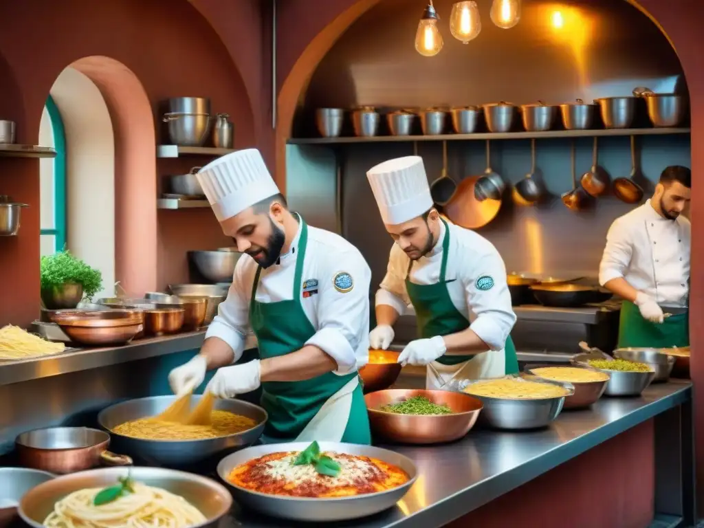 Cocina italiana con chefs jóvenes preparando platos tradicionales en un ambiente vibrante y lleno de energía