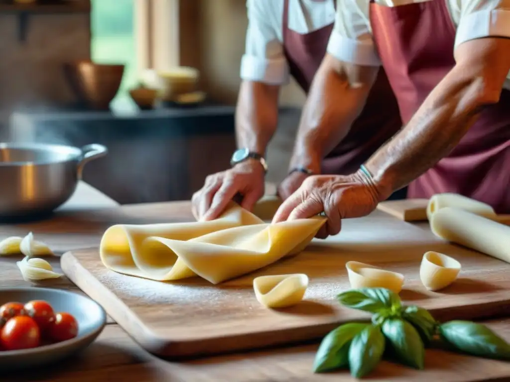 Cocina italiana: chefs mayores amasan pasta fresca con pasión en una cocina soleada