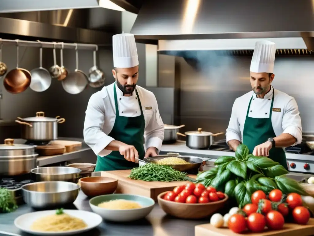 Cocina italiana con chefs preparando platos tradicionales rodeados de ingredientes frescos