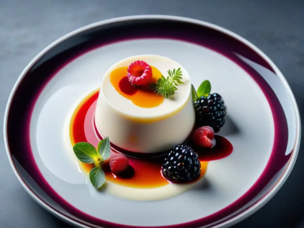 Una panna cotta molecular de cocina italiana con coulis de bayas rojas y decoraciones florales, en un plato minimalista