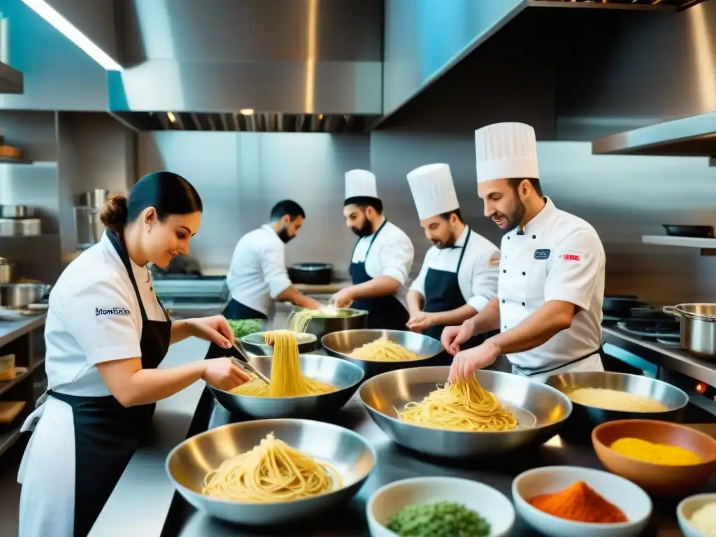 Cocina italiana en curso intensivo con chefs y estudiantes enfocados en hacer pasta desde cero