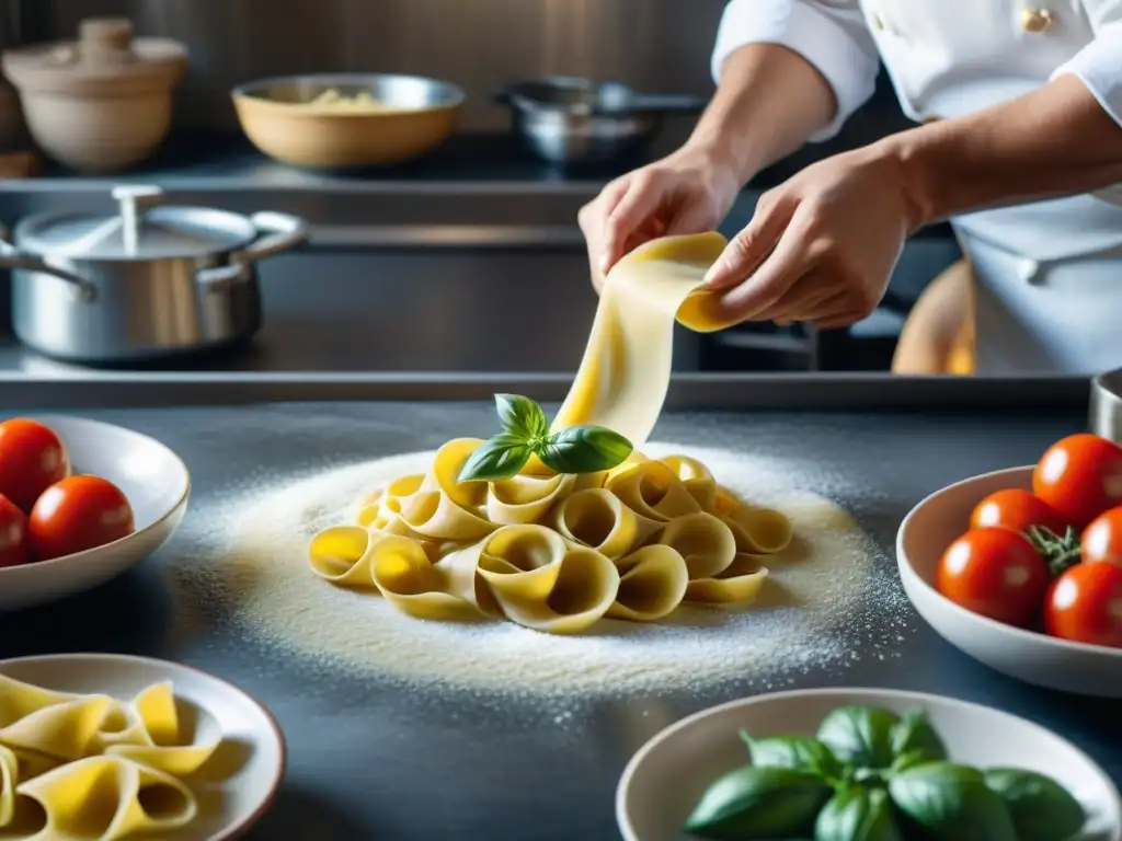 Cocina italiana reduciendo desperdicio: Chefs hábiles moldean pasta fresca en una animada cocina llena de ingredientes frescos y vapor