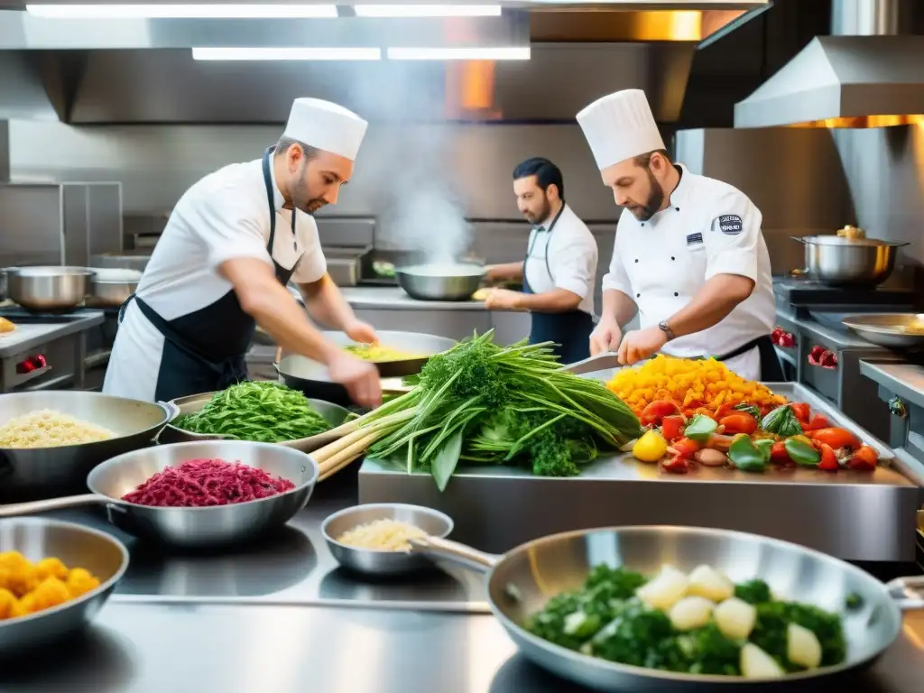 Cocina italiana reduciendo desperdicio con técnicas innovadoras y chefs concentrados en pleno servicio