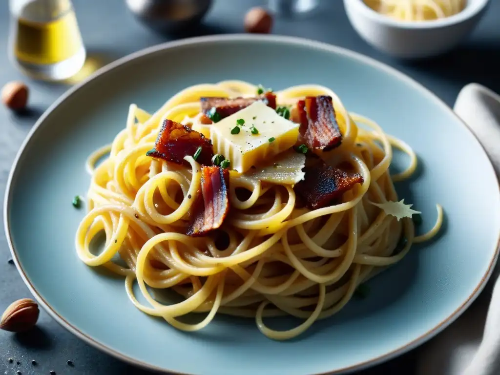 Cocina italiana: Detalles de una pasta carbonara tradicional, con salsa brillante, panceta crujiente y queso pecorino