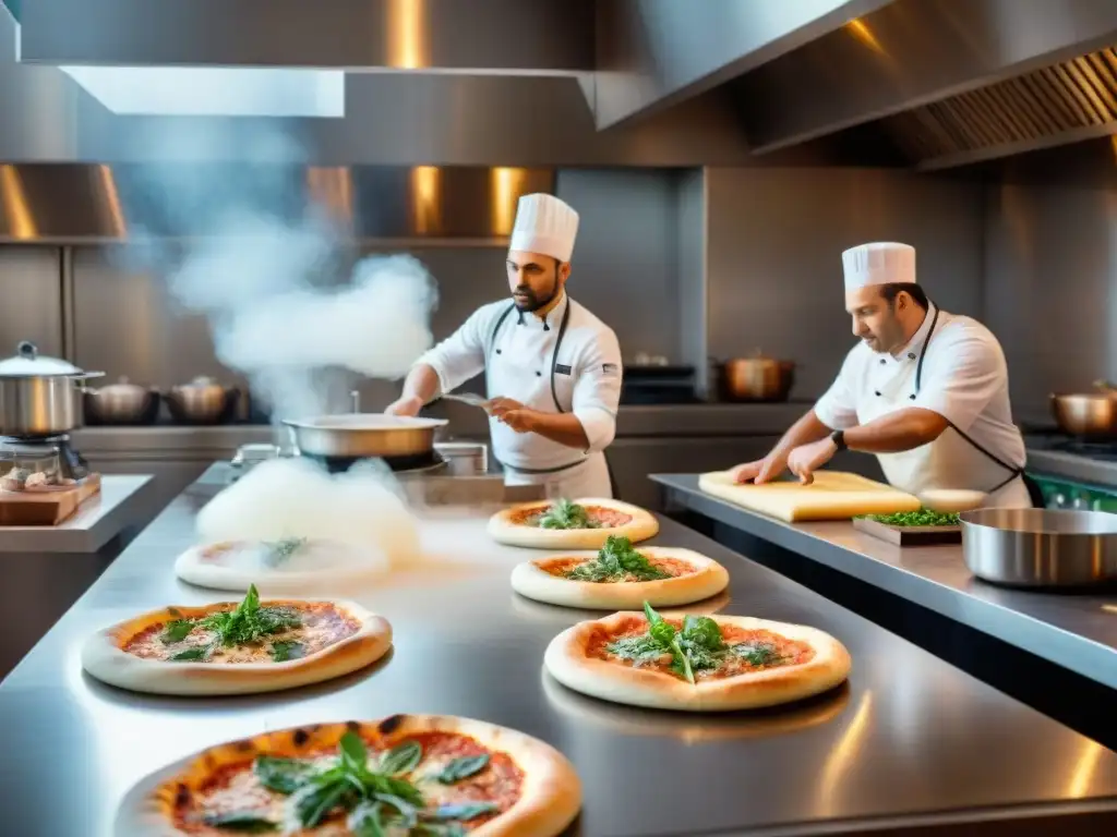 Cocina italiana enérgica con chefs lanzando masa al aire, ollas hirviendo y aromas de hierbas frescas