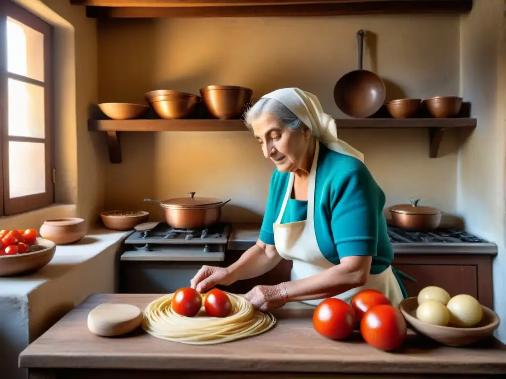 Cocina italiana: nonna experta amasa pasta en cocina rústica siciliana, bañada por la luz del sol